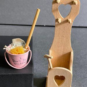 Dollhouse Miniatures SET of 2 Wooden Hat/Coat/Umbrella Stand & Pink Metal Pail